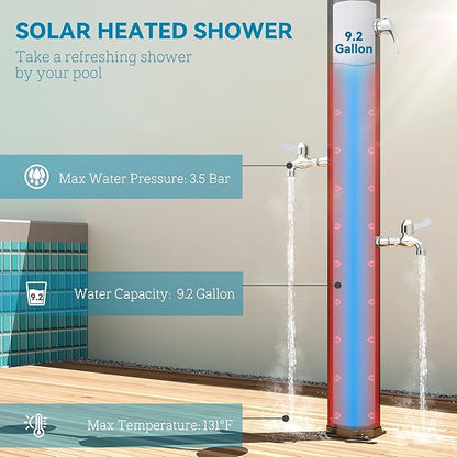 Outsunny 9.2 Gal Solar Heated Outdoor Shower, 7.1F 2-Section Outdoor Solar Shower with 2 Foot Showers, 2 360° Swivel Shower Heads & Temperature Adjustment for Backyard Poolside Beach Pool Spa