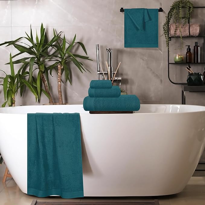 Ultra Soft 6 Pack Cotton Towel Set, Contains 2 Bath Towels 28x55 inch, 2 Hand Towels 16x24 inch & 2 Wash Coths 12x12 inch, Ideal Everyday use, Compact & Lightweight - Teal