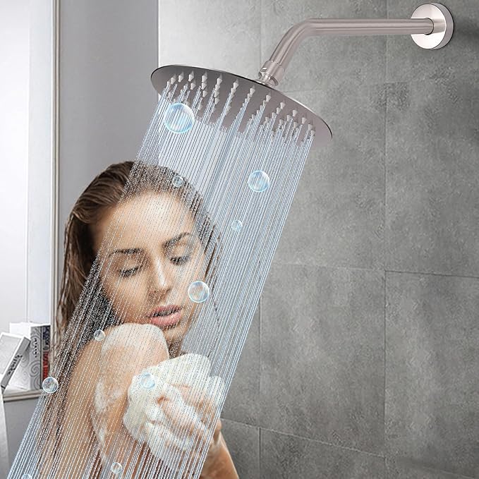 HarJue Shower Arm with Flange and Teflon Tape, Wall Mounted Shower Pipe 304 Stainless Steel Extension Arm for Fixed Shower Head & Handheld (12 Inches, Brushed Nickel)