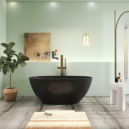55" Premium Solid Surface Freestanding Bathtub, Upgraded Oval Stone Resin Tub with Overflow and Pop-up Drain, Matte Black
