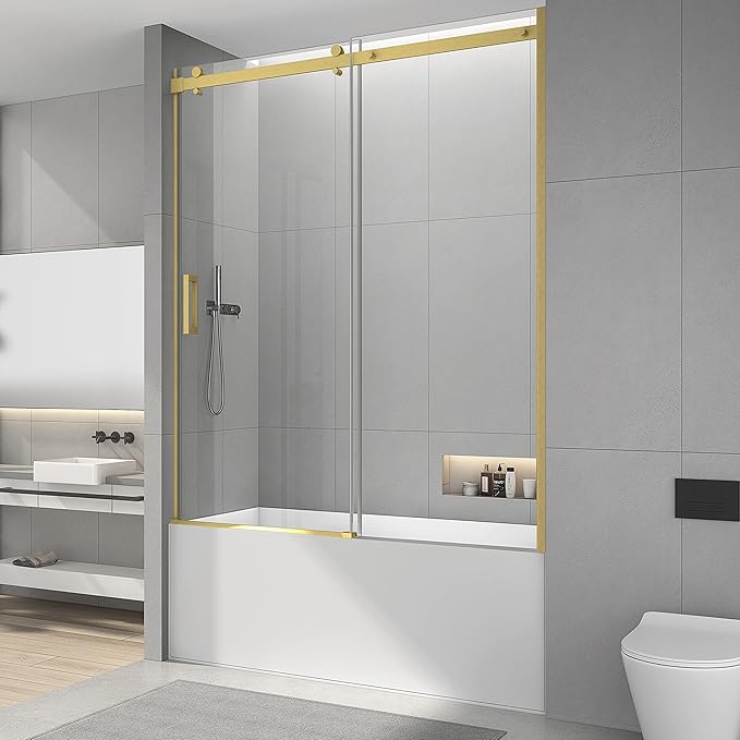 Sunrosa Semi-Frameless Tub Shower Door, 59-2/8"W 60" H Single Sliding Door With Tempered Glass 5/16"(8mm) for Bathtub in Brushed Gold