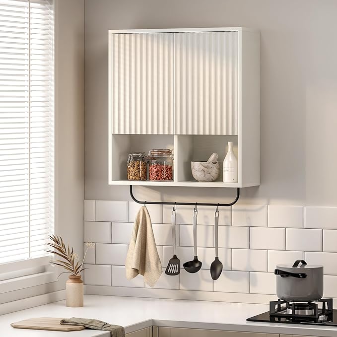 Bathroom Wall Cabinet, Fluted Wooden Medicine Cabinet Storage with 2 Doors, Adjustable Shelf and Towels Bar, Modern Wall Mount Large Floating Cabinet for Kitchen Laundry Room White