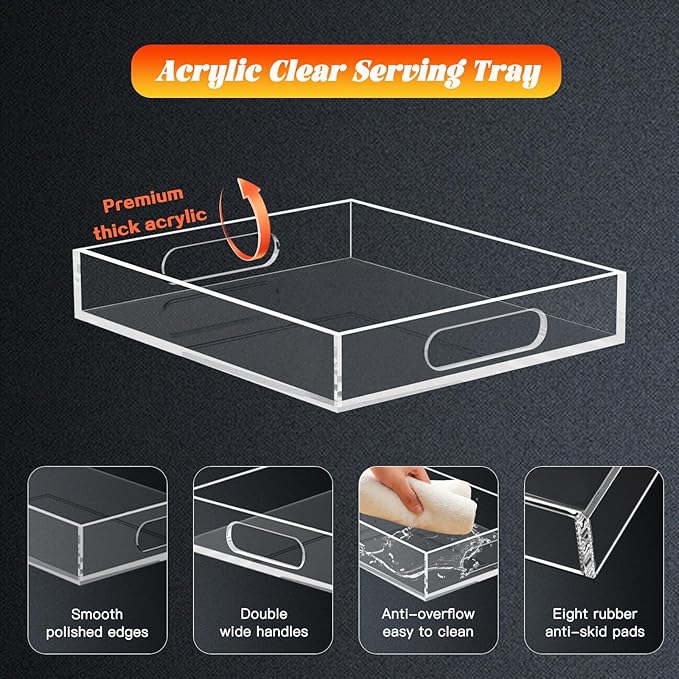 Acrylic Serving Tray with Handles - Lucite Organizer for Bench, Coffee Table, Countertop, Kitchen, Bathroom, Living Room, Powder Room