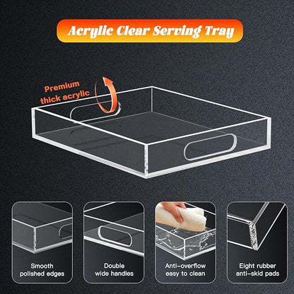 Acrylic Serving Tray with Handles - Lucite Organizer for Bench, Coffee Table, Countertop, Kitchen, Bathroom, Living Room, Powder Room