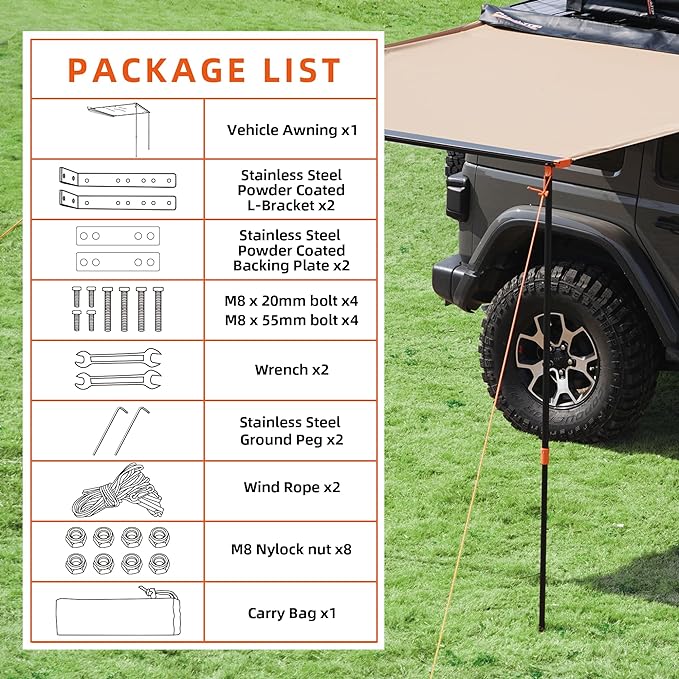 ALL-TOP Vehicle Awning 8.2'x8.2' Roof Rack Pull-Out Sun Shade UV50+, Weatherproof 4x4 Side Awning for Camping & Overland (Hardware Included)