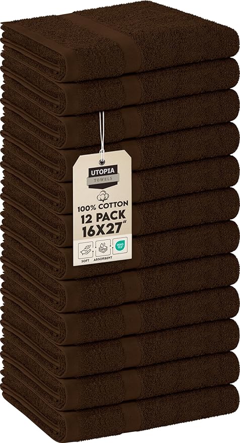 Utopia Towels, Salon Towel, Pack of 12, Not Bleach Proof, 16 by 27 Inches, Highly Absorbent Cotton Towels for Hand, Gym, Beauty, Spa, and Home Hair Care, Dark Brown