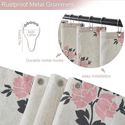 ORTIGIA Boho Pink Shower Curtains for Bathroom Linen Farmhouse Shower Curtain Set with Metal Hooks Block Print Floral Waterproof Aesthetic Rustic Fabric Bath Curtain for Home, Weighted, 72x72