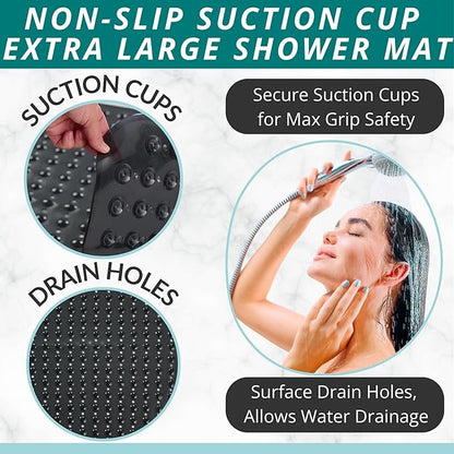 ENKOSI Extra Large Square Non Slip Shower Mat - 31 x 31-inch XL Bathroom Shower Mat - Square Shower Matts for Shower Stall Floors | Secure Suction Cups and Drain Holes (31x31 Charcoal)