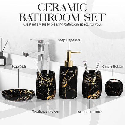 Ceramic Bathroom Accessory Set, 5-Piece Bathroom Accessory Set, Soap Dish, Toothbrush Holder, Soap Dispenser, Bathroom Tumbler & Candle Holder - Modern Bathroom Organizer, (Black & Gold)