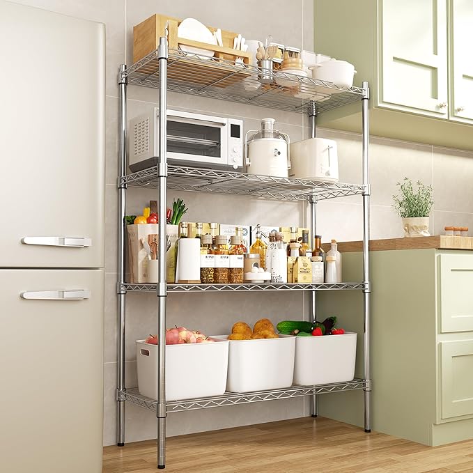 Auslar 4-Shelf Storage Wire Shelves Heavy Duty 4 Tiers Standing Shelving Units Adjustable Metal Organizer Wire Rack, Chrome
