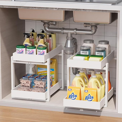 Bamboo Wood Under Sink Organizer 1 Pack, Pull Out Cabinet Organizer 2 Tier Under Sink Organizers and Storage with Sliding Drawer Sturdy Easy Assembly for Kitchen Bathroom Undersink (White, 1 Pack)