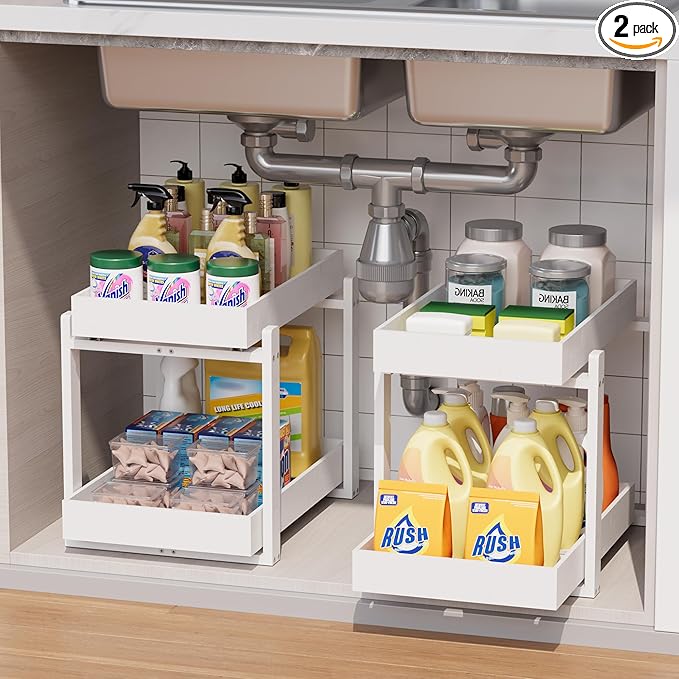 Bamboo Wood Under Sink Organizer 2 Pack, Pull Out Cabinet Organizer 2 Tier Under Sink Organizers and Storage with Sliding Drawer Sturdy Easy Assembly for Kitchen Bathroom Undersink, White