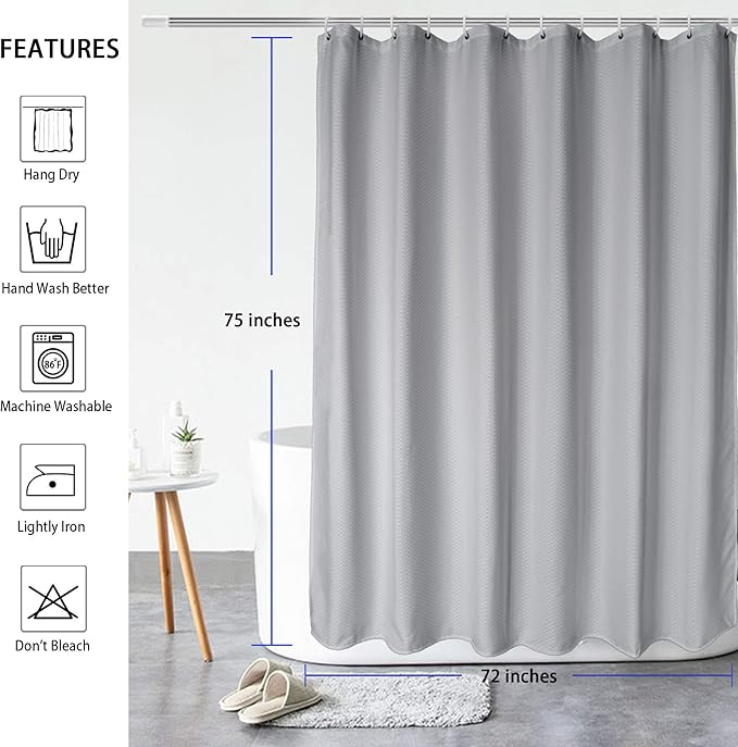 AooHome 75 Inch Long Shower Curtain, Durable Polyester 72" Width Bathroom Curtain Waffle Weave Plaid Design with Hooks, Weighted Bottom, Heavy Duty, Water Repellent, 72x75 Inch, Gray