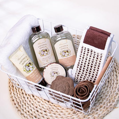 Spa Gift Baskets - Coconut Vanilla Bath Gift Set for Women, Luxury Relaxing Spa Kit with Bath Bombs, Body Lotion and Body Scrub, Birthday Gifts for Women, Christmas Spa Gifts for Mom