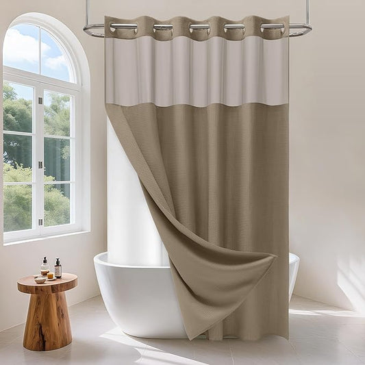 No Hook Waffle Weave Shower Curtain Set with Snap-in Fabric Liner and Mesh Top Window,256GSM Heavy Duty Fabric,Khaki Washable Luxury Shower Curtain for Bathroom Stalls (72x75 Inch)