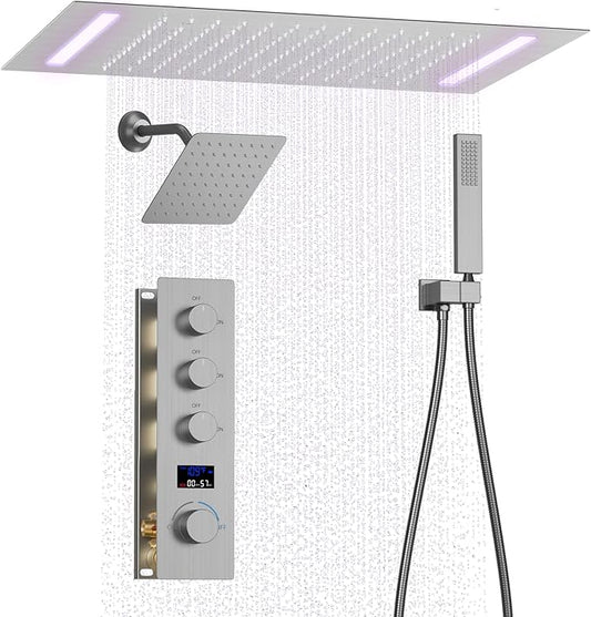 Digital Display Shower System Brushed Nickel Shower Faucet Set with 14X20 inch Ceiling Mounted Shower Head and 8 inch Wall Mounted Shower Head Combo, Handheld Shower