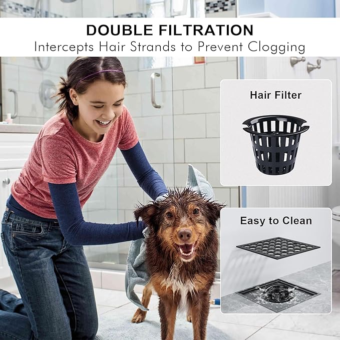 Uni-Green 4 Inch Shower Floor Drain with Flange, Square Shower Drain kit with Hair Strainer, Removable Octagon Strainer Cover, SUS 304 Stainless Steel & CUPC Certified - Matte Black
