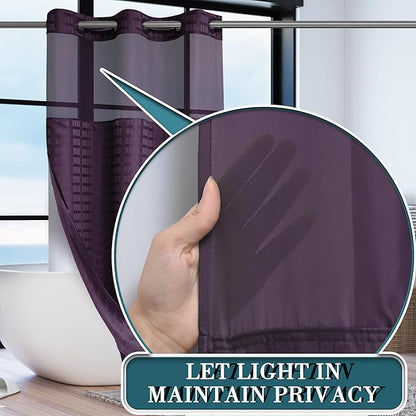 Conbo Mio Stall No Hook Shower Curtain with Snap in Liner Set, Hotel Luxury Purple Shower Curtains for Bathroom with See Through Top Window, Waterproof, Washable 36W x 74H