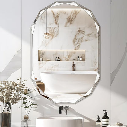 Bathroom Mirror for Wall, 26" x 38" Oval Bathroom Vanity Mirror, Beveled Edge Frameless Wall Mount Vanity, Wall Decorative Irregular Beveled Edge Mirror