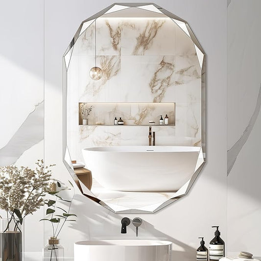 Bathroom Mirror for Wall, 26" x 38" Oval Bathroom Vanity Mirror, Beveled Edge Frameless Wall Mount Vanity, Wall Decorative Irregular Beveled Edge Mirror