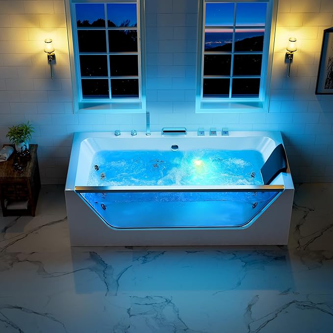 Empava 67” Whirlpool Bathtub with Chromatherapy, Hydrotherapy Jetted Bathtub with Glass Panel, 11 Jets,3-Side Apron,67 Gallons,ETL Certified, White