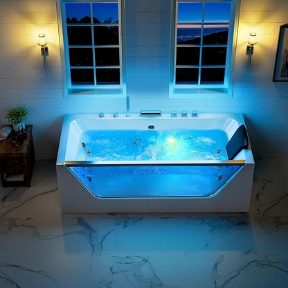 Empava 67” Whirlpool Bathtub with Chromatherapy, Hydrotherapy Jetted Bathtub with Glass Panel, 11 Jets,3-Side Apron,67 Gallons,ETL Certified, White