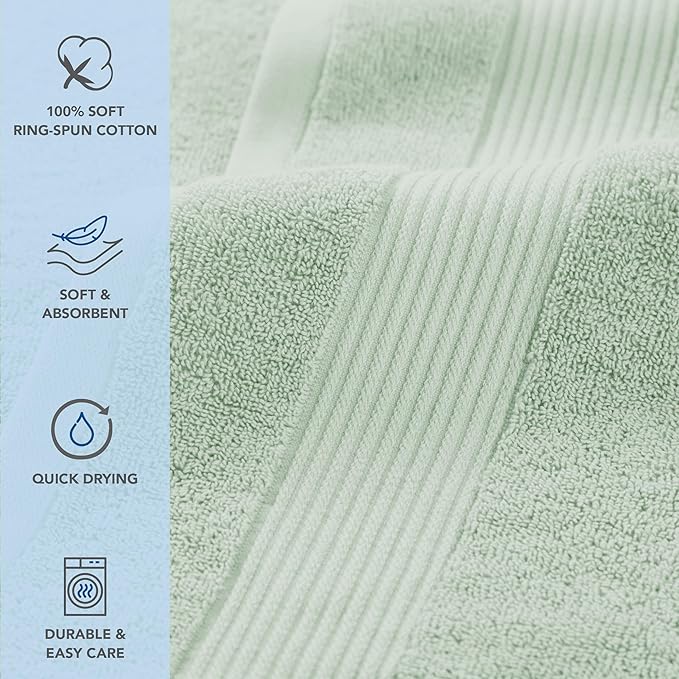 Arkwright Bath Towels Set of 6 - (Pack of 6) Super Soft 100% Cotton, 600 GSM Quick Dry & Absorbent, Luxury Bathroom Essentials with 12 Shower Towels, 12 Hand Towels and 12 Washcloths, Eucalyptus Green