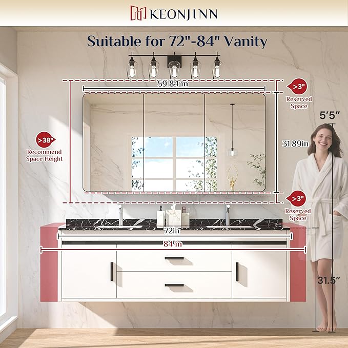 Keonjinn 60 x 32 Inch Large Chrome Medicine Cabinets, Recessed Bathroom Medicine Cabinet, Elegant Silver Stainless Steel Framed, Sturdy & Heavy, Adjustable Shelves, DTC Hinges, Soft Closing, Modern