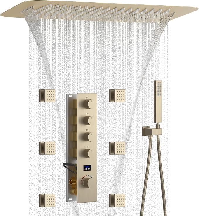 Shower Faucet Set Brushed Gold Luxury Shower System with 16X24 Inch Ceiling Mount Rainfall&Waterfall Shower Head, 6 PCS Body Jet, Handheld Spray, Digital Temperature Display 4 Way Shower