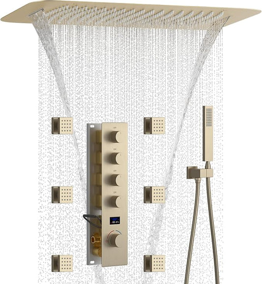 Shower Faucet Set Brushed Gold Luxury Shower System with 16X24 Inch Ceiling Mount Rainfall&Waterfall Shower Head, 6 PCS Body Jet, Handheld Spray, Digital Temperature Display 4 Way Shower