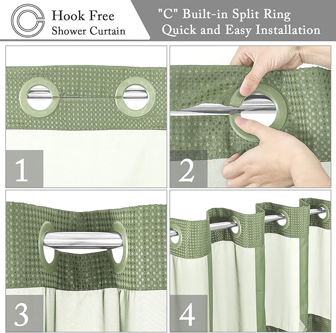 Gibelle No Hook Waffle Weave Shower Curtain with Snap-in Fabric Liner Set for Bathroom, Hotel Style with Mesh Top Window, Waterproof & Washable, Sage Green, 72x74