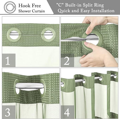 Gibelle No Hook Waffle Weave Shower Curtain with Snap-in Fabric Liner Set for Bathroom, Hotel Style with Mesh Top Window, Waterproof & Washable, Sage Green, 72x74