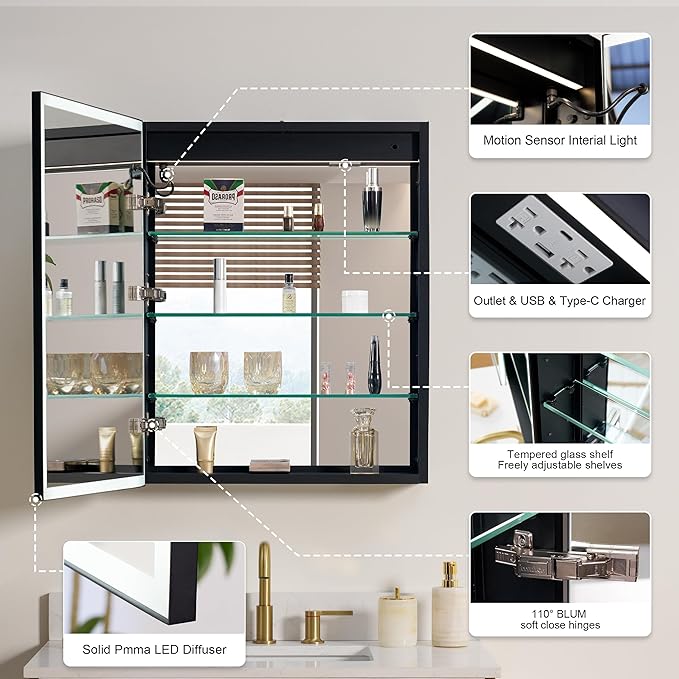 WELLFOR 24" X 30" LED Mirrored Medicine Cabinet, Medicine Cabinets with Lights for Bathroom, Defogging Function Mirror Cabinet, Bathroom Medicine Cabinet with USB Port & Outlet, Left Opening Doors