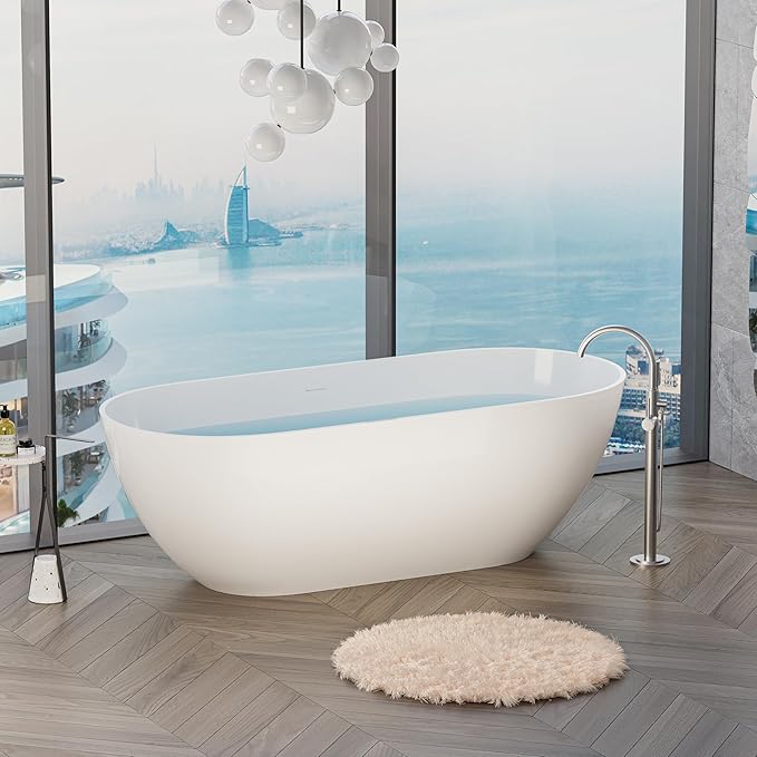 Abruzzo 63" Freestanding Solid Surface Bathtub - Engineered Stone Resin Soaking Tub with Overflow & Pop-Up Drain, cUPC Certified Glossy White, 74-Gallon Capacity Oval Tub for Modern Bathrooms
