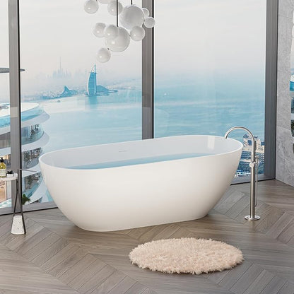 Abruzzo 63" Freestanding Solid Surface Bathtub - Engineered Stone Resin Soaking Tub with Overflow & Pop-Up Drain, cUPC Certified Glossy White, 74-Gallon Capacity Oval Tub for Modern Bathrooms