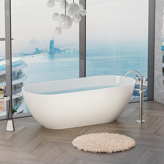 Abruzzo 63" Freestanding Solid Surface Bathtub - Engineered Stone Resin Soaking Tub with Overflow & Pop-Up Drain, cUPC Certified Glossy White, 74-Gallon Capacity Oval Tub for Modern Bathrooms