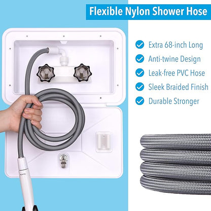 RV Outdoor Shower Exterior Shower Box Kit, Easy Install RV Outdoor Shower with Leak-Proof Coiled Hose, Direct Replacement for Campers, Van, Travel Trailer, Motorhome and Boat, White