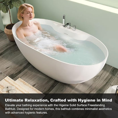 63" Premium Solid Surface Freestanding Bathtub with Three Holes Faucet, Contemporary Design Stand Alone Stone Resin Tub with Overflow and Pop-up Drain, Matte White