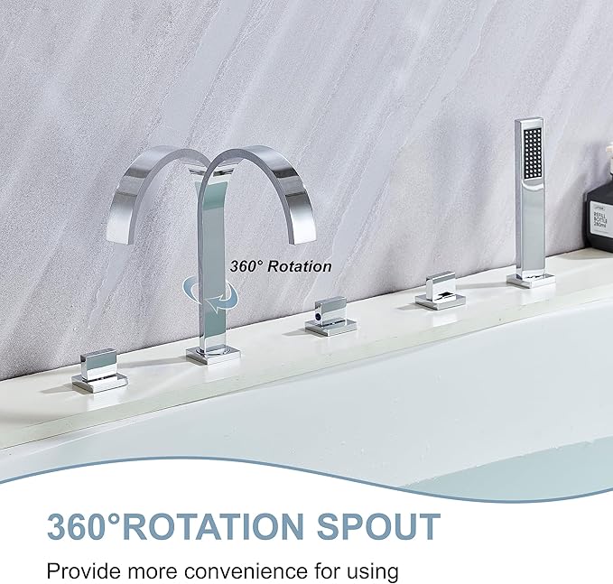High Arc 5 Hole Roman Tub Filler with Handheld Showerhead Bathroom Widespread Waterfall Bathtub Faucet Set Deck Mounted, Chrome