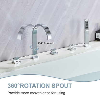 High Arc 5 Hole Roman Tub Filler with Handheld Showerhead Bathroom Widespread Waterfall Bathtub Faucet Set Deck Mounted, Chrome