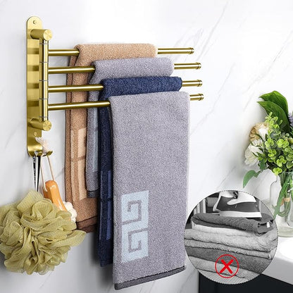 NearMoon Swivel Towel Rack, 13.8" Thicken 304 Stainless Steel 4-Arm Towel Bar, Space Saving Wall Mounted Towel Holder with Hook, Rustproof Swing Out Towel Hanger for Bathroom, Kitchen (Brushed Gold)