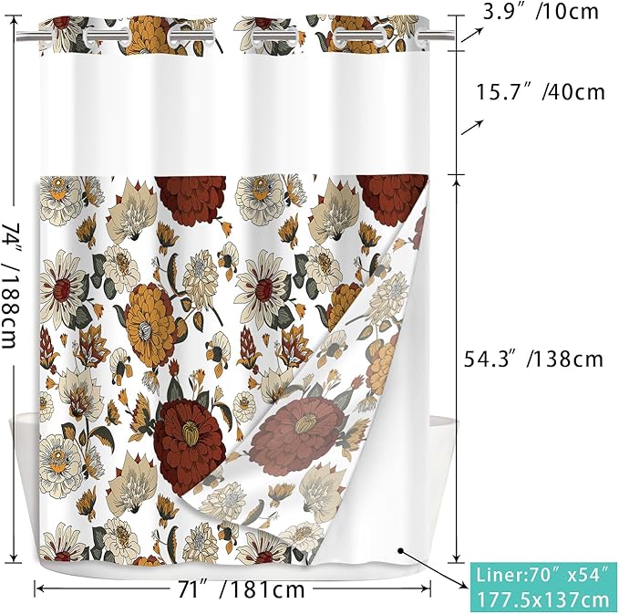 No Hook Shower Curtain Set with Snap in Fabric Liner for Bathroom,with See Through Top Window,Double Shower Curtain with Detachable Liner Replacement,Machine Washable,Boho Flowers,71"x 74"