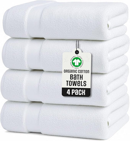 TOWELTIQUE- Organic Cotton Plush Bath Towels Pack of 4 GOTS & Oeko- TEX Certified | Premium Soft, Absorbent & Quick-Drying Towels for Bathroom, Gym, Spa & Hotel Use – White