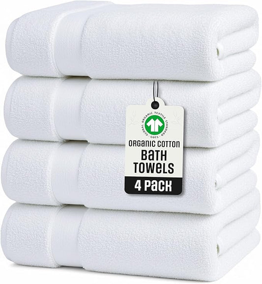 TOWELTIQUE- Organic Cotton Plush Bath Towels Pack of 4 GOTS & Oeko- TEX Certified | Premium Soft, Absorbent & Quick-Drying Towels for Bathroom, Gym, Spa & Hotel Use – White