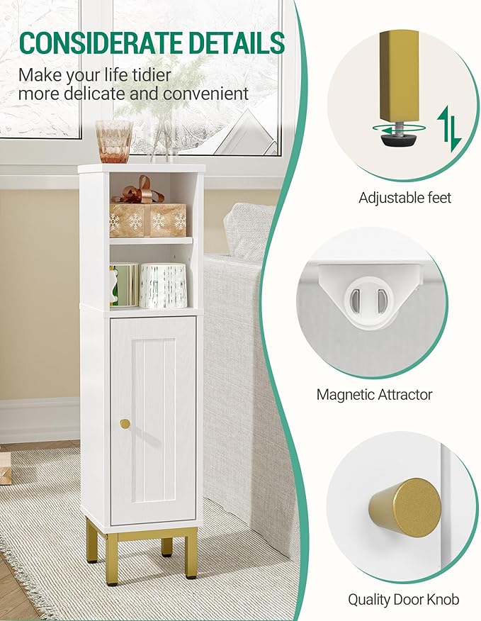 Bathroom Storage Cabinet, Corner Floor Cabinet with Shelves, Customized Door Opening Direction, Bathroom Organizer with Adjustable Shelf for Kitchen, Living, Toilet Paper Holder, White