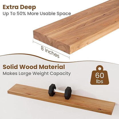 Floating Shelves for Wall Decor, 8" Deep Rustic Solid Elm Wood Floating Shelves Wall Mounted, Wall Shelves with Invisible Bracket for Living Room Bathroom Bedroom Kitchen, 48 Inch Set of 1, Natural