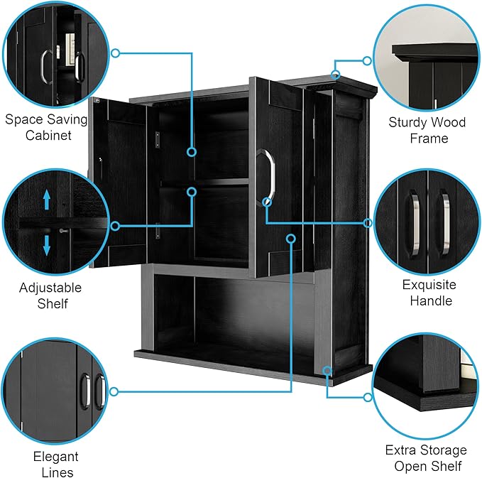 ChooChoo Wood Wall Cabinet with Doors, Medicine Cabinet with Adjustable Shelves Over The Toilet, Hanging Cabinet Wall Mounted for Bathroom, Kitchen, Living Room, Black