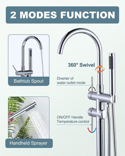 Freestanding Tub Filler Faucet Chrome: High Flow Brass Floor Mount Bathtub Filler, Swivel Gooseneck Spout with Single Handheld Sprayer for Bathroom Shower
