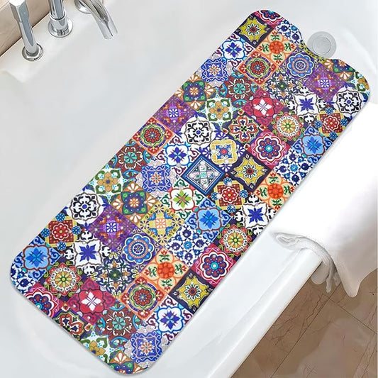 Boho Bathtub Mat Non Slip, Vintage Bath Tub Mat Baby Bath Mats for Bathroom Anti Slip Shower Mats for Inside Shower, Colorful Floral Bathmat with Suction and Drain Holes Machine Washable, 40″x16″