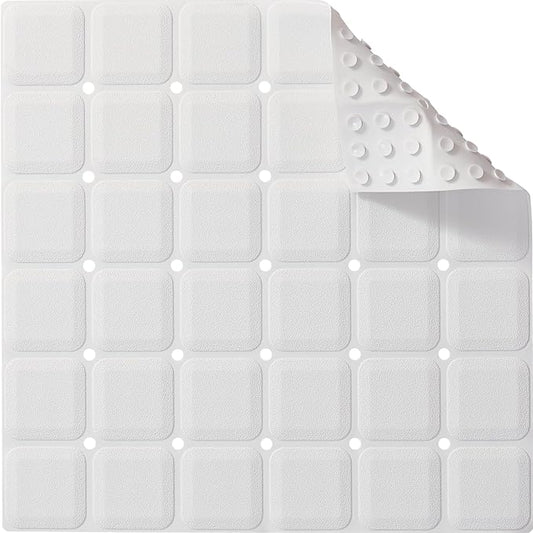 Anti Slip Shower Mat for Tub & Shower Stall, 21" x 21" Square Silicone Bathtub Mat with Powerful Suction Cups, Fast-Draining, Machine Washable Soft Foldable Bathroom Mat, White